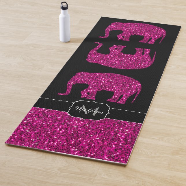 Sparkly hot pink Elephant faux sparkles Monogram Yoga Mat (In Situ)