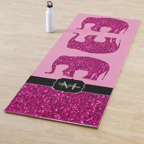 Sparkly hot pink Elephant faux sparkles Monogram Yoga Mat
