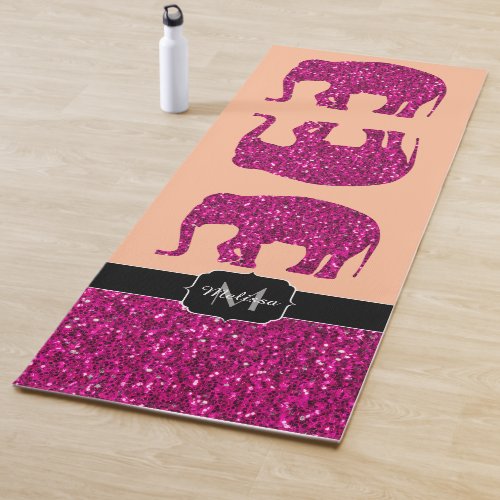 Sparkly hot pink Elephant faux sparkles Monogram Yoga Mat