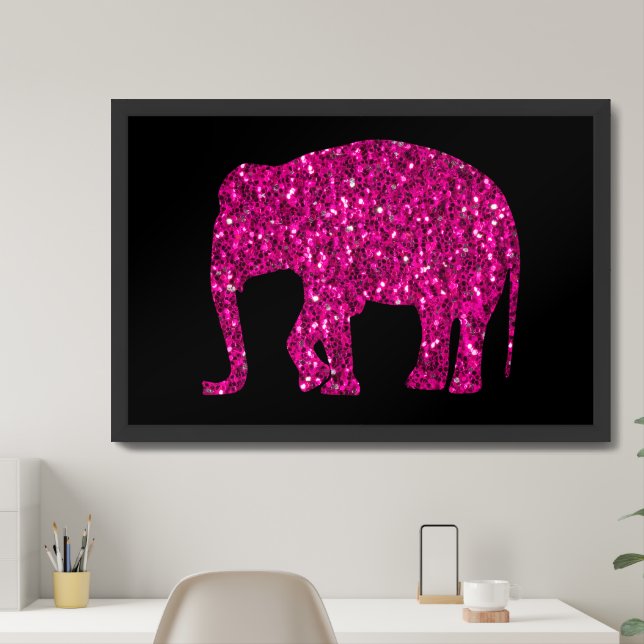 Sparkly hot pink Elephant faux sparkles on black Framed Art (Home Office)