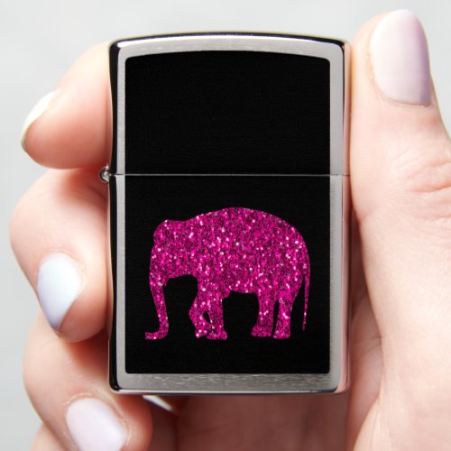 Sparkly hot pink Elephant faux sparkles on Black Zippo Lighter