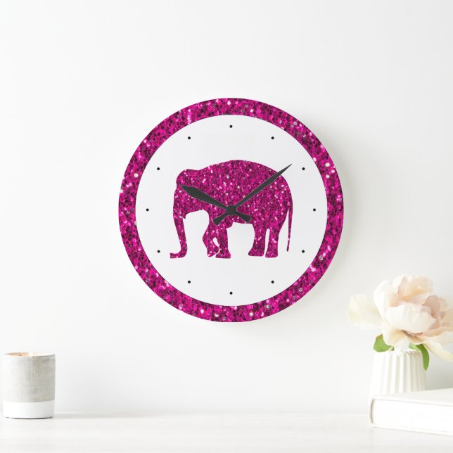 Sparkly hot pink Elephant faux sparkles with white Large Clock (Home)