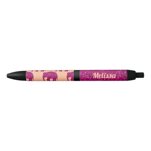 Sparkly hot pink Elephant faux sparkles Your name Black Ink Pen