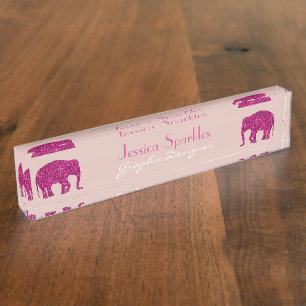 Sparkly hot pink Elephant faux sparkles Your name Desk Name Plate