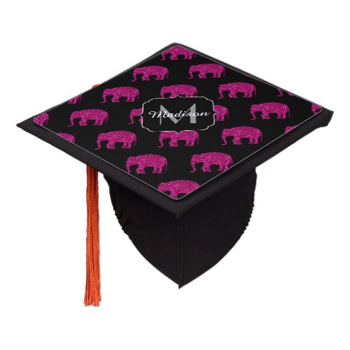 Sparkly hot pink Elephant pattern black Monogram Graduation Cap Topper