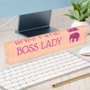 Sparkly hot pink Elephant sparkle Boss Lady peach Desk Name Plate