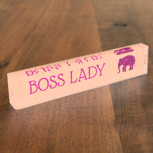 Sparkly hot pink Elephant sparkle Boss Lady peach Desk Name Plate