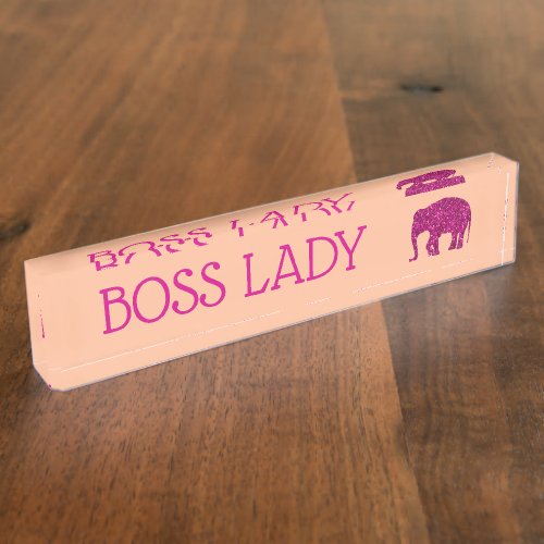 Sparkly hot pink Elephant sparkle Boss Lady peach Desk Name Plate