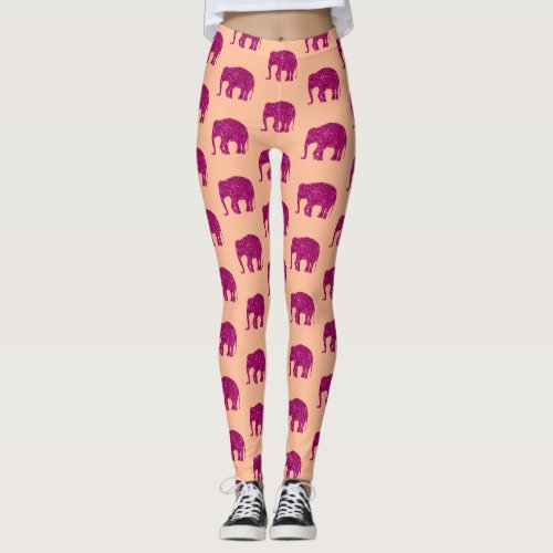 Sparkly hot pink Elephant sparkle pattern peach Leggings