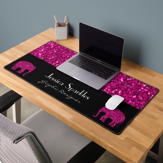 Sparkly hot pink Elephant sparkles Custom name Desk Mat (Office 2)