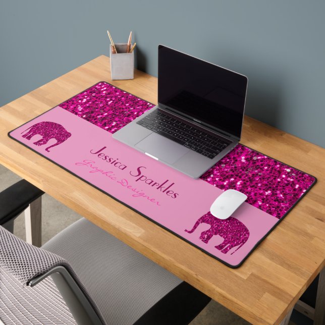 Sparkly hot pink Elephant sparkles Custom name Desk Mat (Office 2)