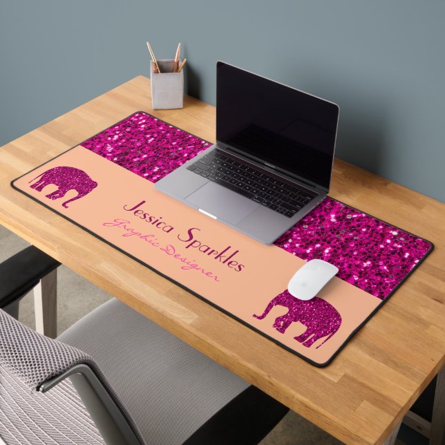 Sparkly hot pink Elephant sparkles Custom name Desk Mat (Office 2)