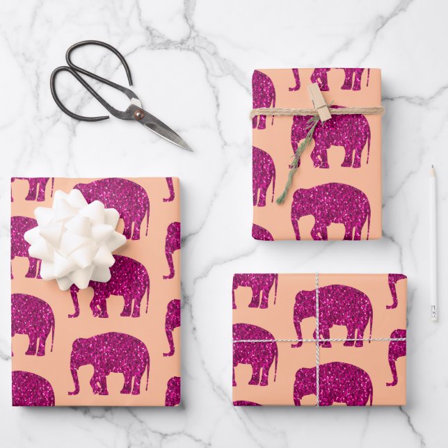 Sparkly hot pink Elephant sparkles pattern peach Wrapping Paper Sheets (Front)