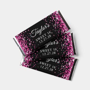 Sparkly Hot Pink Glitter Black Sweet 16 Hershey Bar Favors