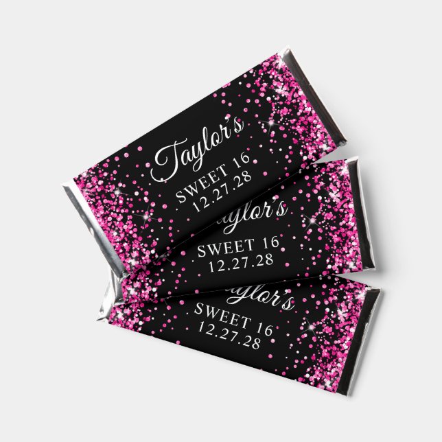 Sparkly Hot Pink Glitter Black Sweet 16 Hershey Bar Favors (Front)