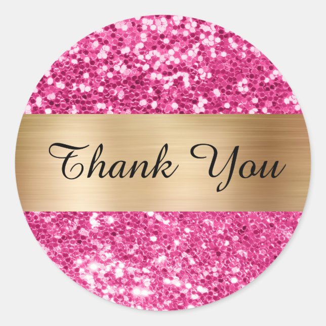 Sparkly Hot Pink Glitter Gold Shimmer Strip Foil Classic Round Sticker (Front)