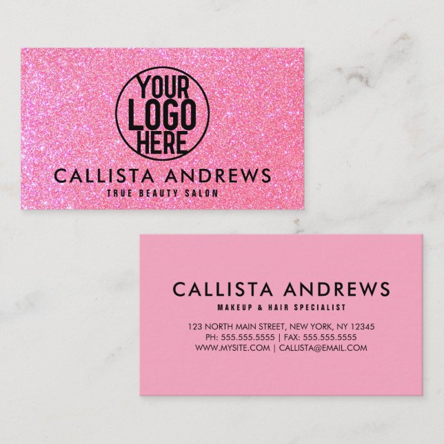 Sparkly Hot Pink Glitter Makeup Hair Salon Logo Business Card (Front/Back)