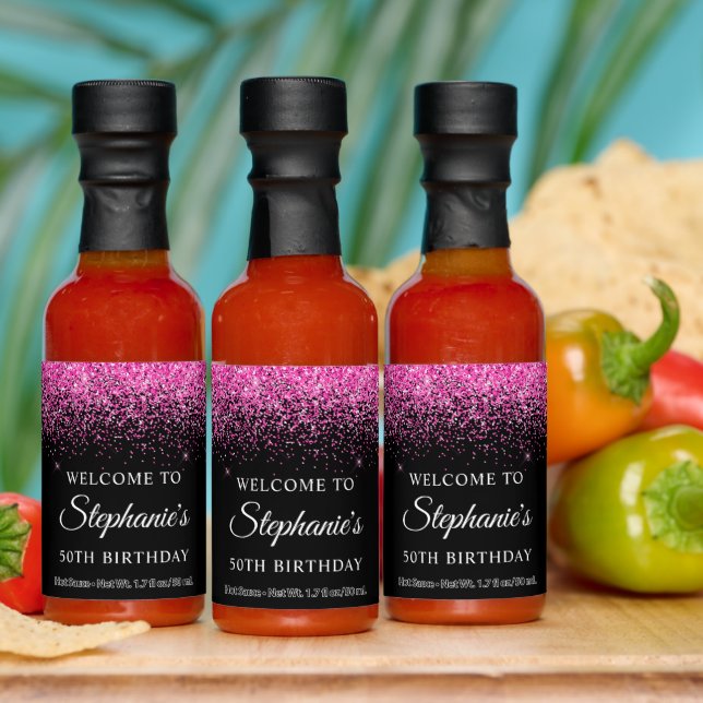 Sparkly Hot Pink Glitter on Black 50th Birthday Hot Sauces (Multi)