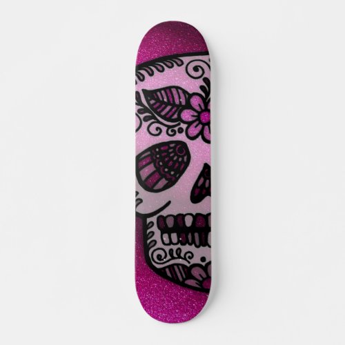 Sparkly Hot Pink Glitter Sugar Skull Tattoo Design Skateboard
