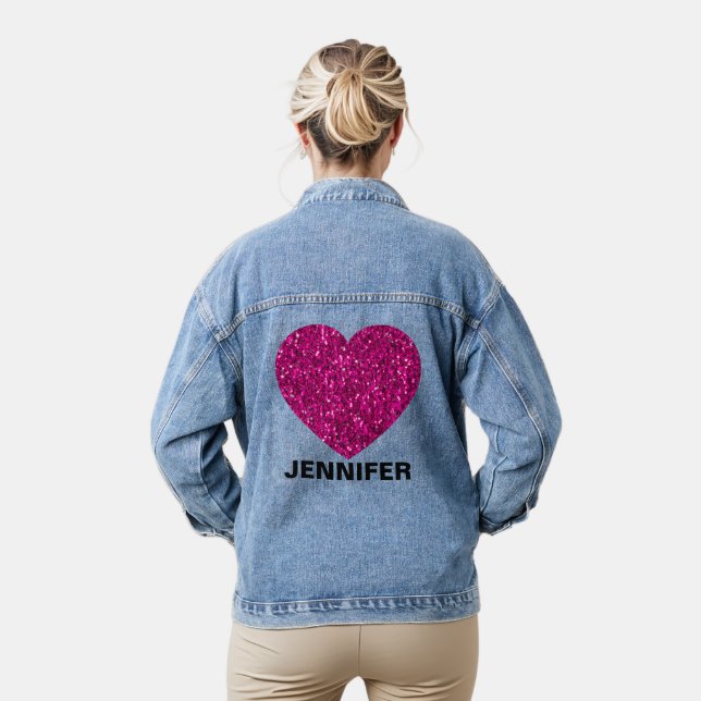 Sparkly hot pink heart faux sparkle Custom name Denim Jacket (Model)