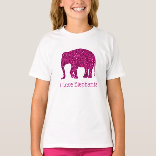 Sparkly hot pink I love Elephants text customize  T_Shirt