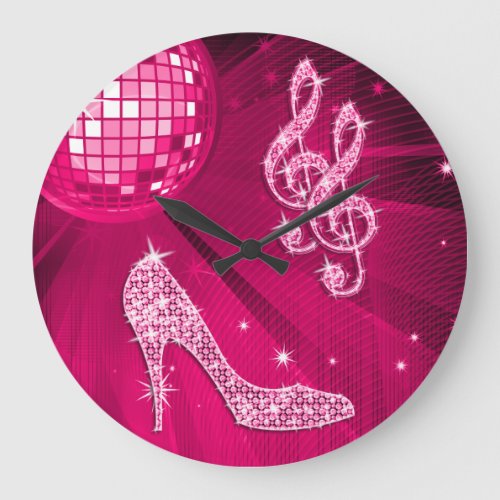 Sparkly Hot Pink Music Note  Stiletto Heel Large Clock
