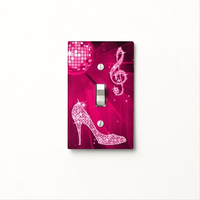 Sparkly Hot Pink Music Note & Stiletto Heel Light Switch Cover (In Situ)