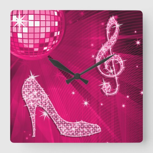 Sparkly Hot Pink Music Note  Stiletto Heel Square Wall Clock