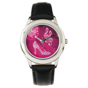 Sparkly Hot Pink Music Note & Stiletto Heel Watch