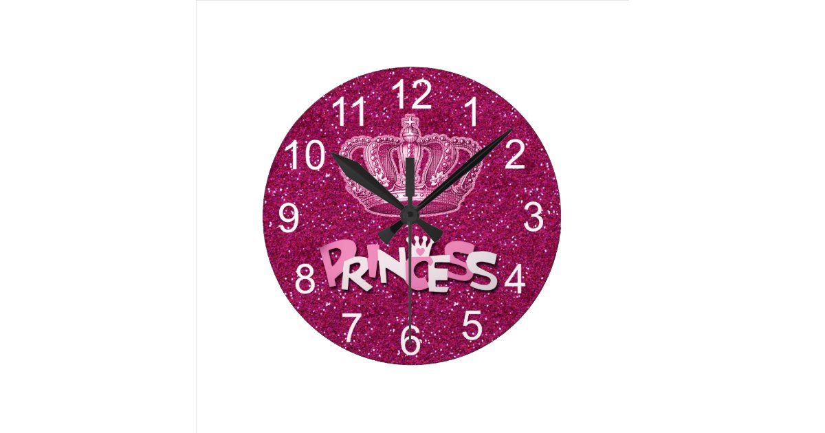 Sparkly Hot Pink Princess Glitter & Vintage Crown Round Clock