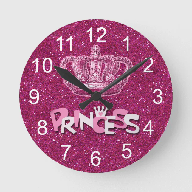 Sparkly Hot Pink Princess Glitter & Vintage Crown Round Clock Zazzle