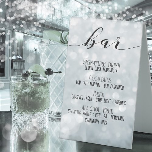 Sparkly Ice Blue Bokeh Bar Signature Cocktails Table Tent Sign