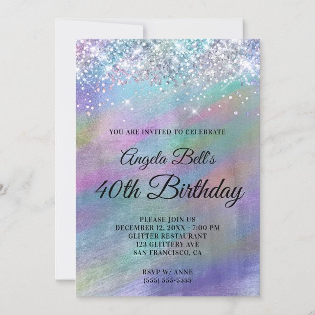 Sparkly Iridescent Glitter Foil 40th Birthday Invitation (Front)