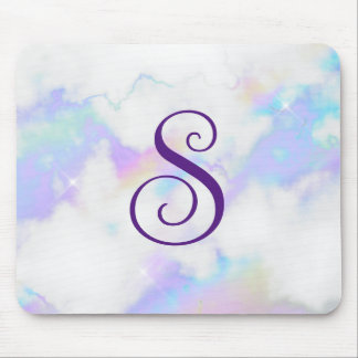 Sparkly Iridescent Rainbow Marble Curly Monogram Mouse Pad