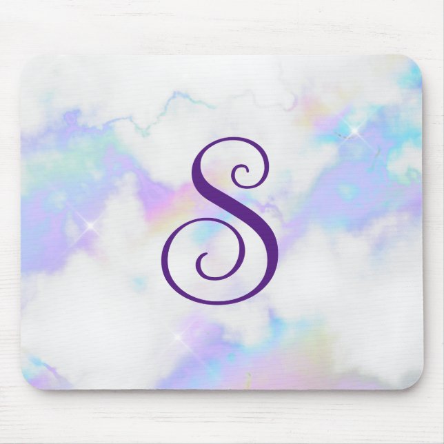 Sparkly Iridescent Rainbow Marble Curly Monogram Mouse Pad (Front)