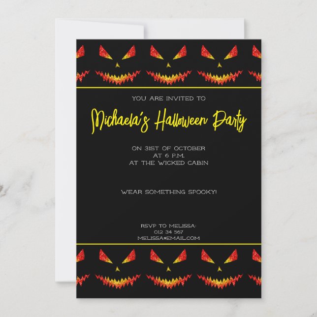 Sparkly Jack O'Lantern Halloween pattern black Invitation (Front)