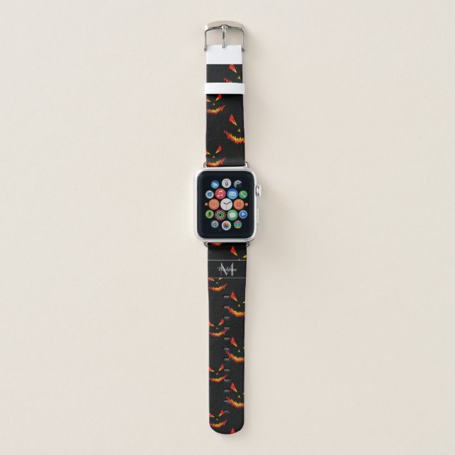 Sparkly Jack O'Lantern Halloween pattern Monogram Apple Watch Band (Front)