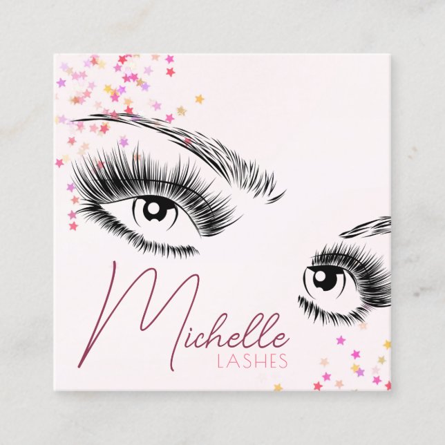 Sparkly Lashes Pink Glitter Confetti Makeup QR Square Business Card (Front)