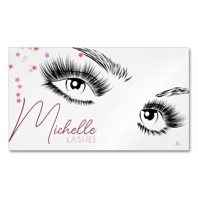 Sparkly Lashes Pink Glitter Star Confetti Makeup Business Card Magnet (Front)