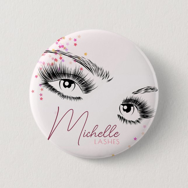Sparkly Lashes Pink Glitter Star Confetti Makeup Button (Front)