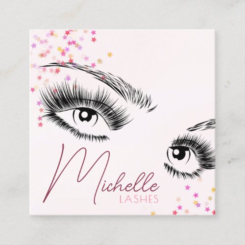 Sparkly Lashes Pink Glitter Star Confetti Makeup Square Business Card