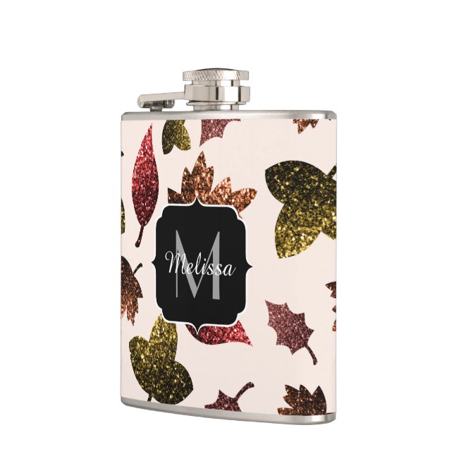 Sparkly leaves fall autumn pattern Monogram Flask (Left)