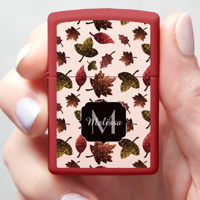 Sparkly leaves fall autumn pattern Monogram Zippo Lighter (In Hand)