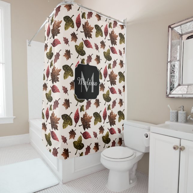 Sparkly leaves fall autumn sparkles Monogram Shower Curtain (In Situ)