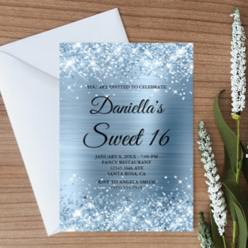 Sparkly Light Blue Glitter And Foil Sweet 16 Invitation by annaleeblysse at Zazzle