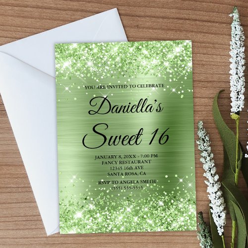 Sparkly Light Green Glitter and Foil Sweet 16 Invitation