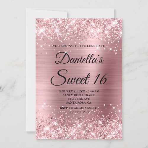 Sparkly Light Pink Glitter and Foil Sweet 16 Invitation