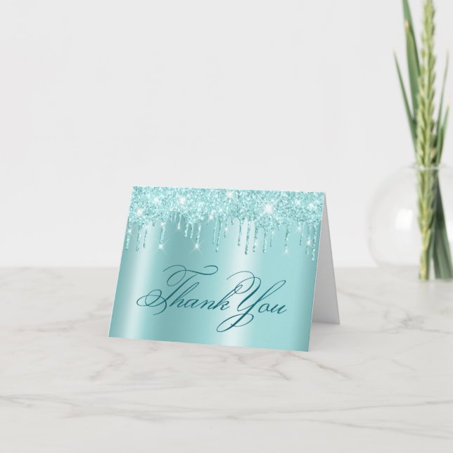 Sparkly Light Turquoise Glitter Drips Shimmer Thank You Card (Front)