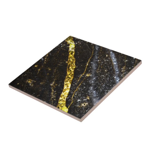 Sparkly line gold black chic abstract ceramic tile (Side)