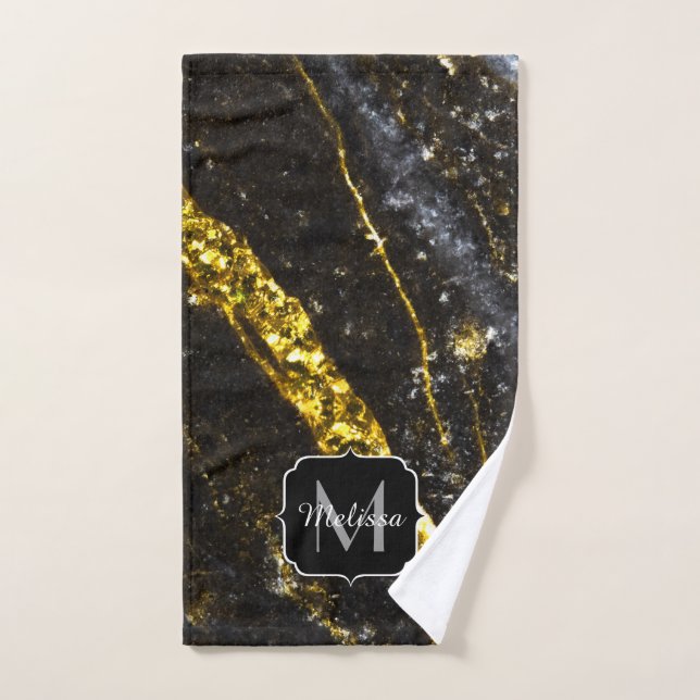 Sparkly line gold black chic abstract Monogram Bath Towel Set (Hand Towel)